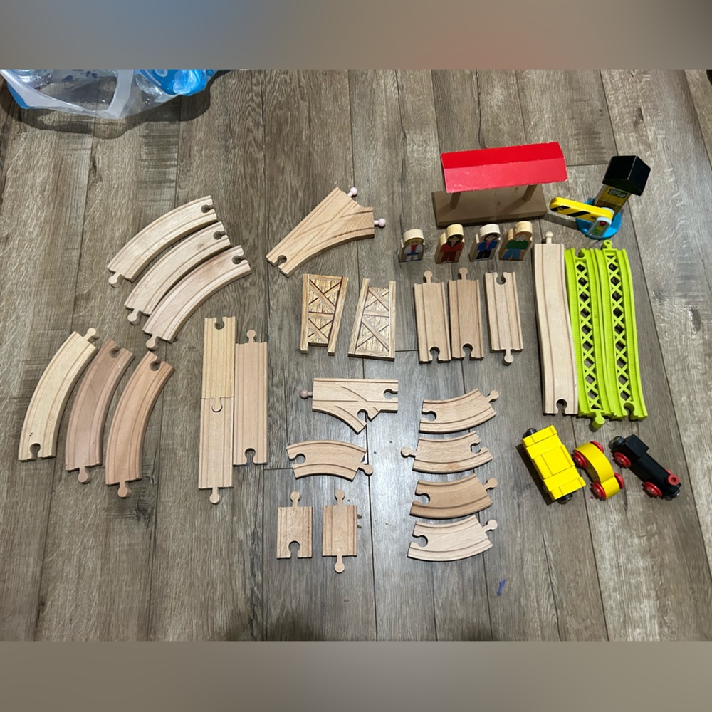 Lot of Wooden Train Tracks and Parts Assorted 35 Pieces Cars Signs Brio Thomas.